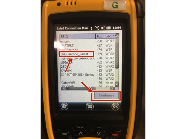 When you have enlarged the area for the SSID, choose the SSID you wish to connect to and press the &quot;Configure&quot; option at the bottom right of the screen.