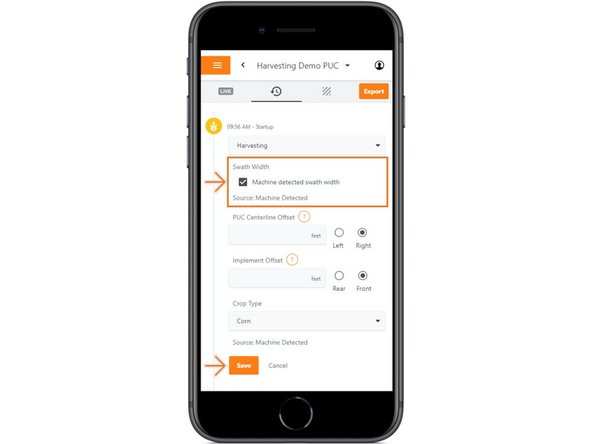 For forage and harvest activities, the swath width source is always listed to reference.