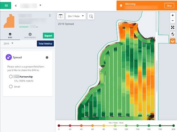 When clicking on the share button, the name of users with common field boundaries will populate.
