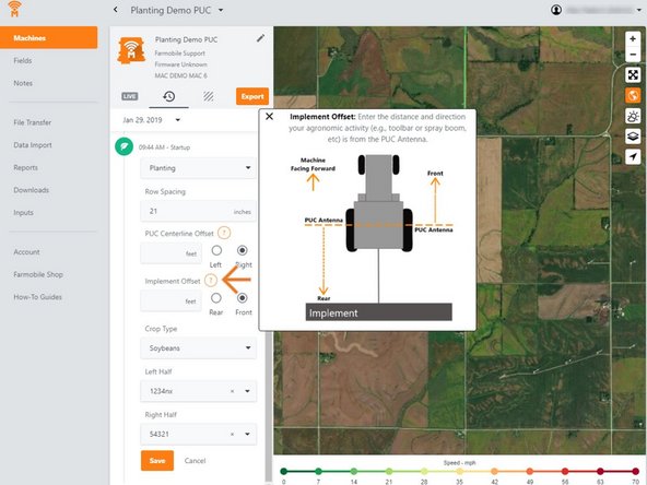 Implement Offset: Provide the distance and direction your agronomic activity (e.g., toolbar or spray boom, etc) is from the antenna.
