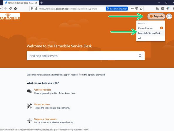 Navigate to the upper right hand portion of the screen and select the 'Requests' button. You can then select requests that were created by you the customer -or- any tickets created by others in your organization.