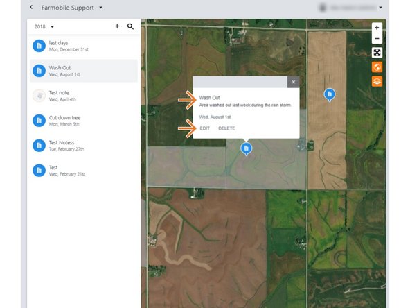 Note details are displayed in the pop-up above the map icon.