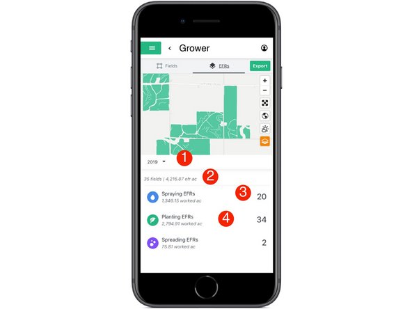 The total number of fields that have an EFR and the sum of all the EFR acres for the selected year.