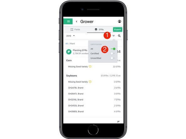 2. Toggle on the desired certification status to filter your EFRs