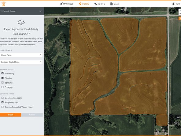 From here, you will be able to select which Agronomic Activity you would like to download and the Export file format.
