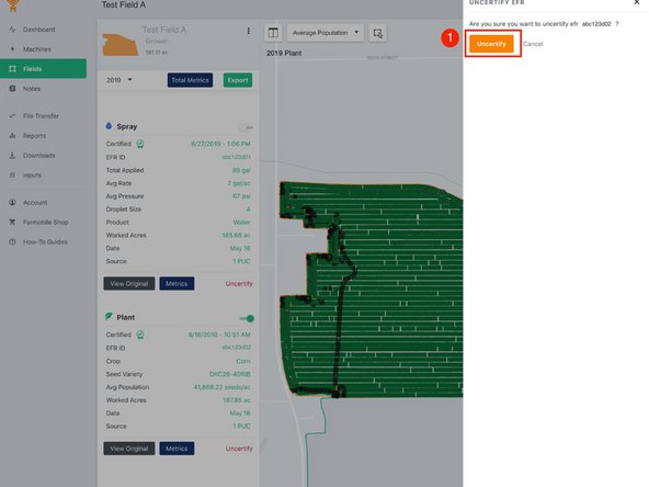 Confirm you want to uncertify the EFR by selecting the 'Uncertify' button.