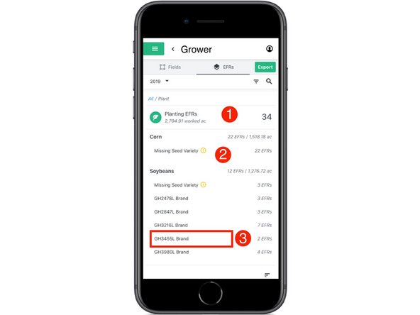 Crop type &amp; seed variety tiles: tiles displaying the total number of EFRs and worked acres by crop type and seed variety.