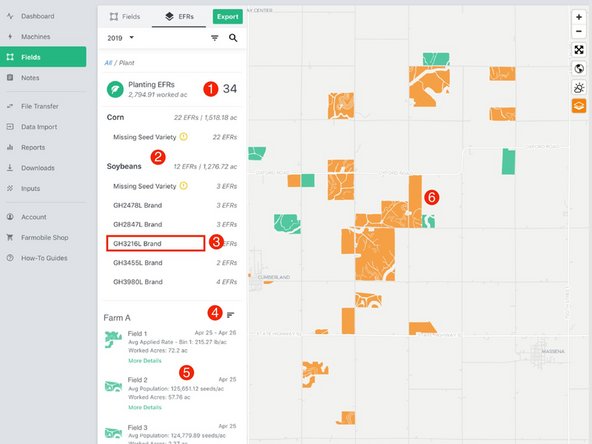 Activity Tile: Displaying the total number of EFRs and worked acres for the selected activity type.