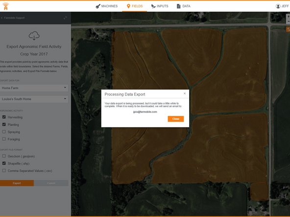 From here, you will be able to select which Agronomic Activity you would like to download and the Export file format.