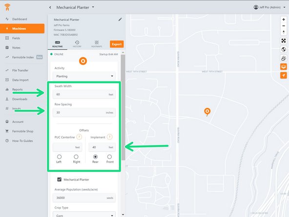 When 'Planting' is selected users can adjust:
