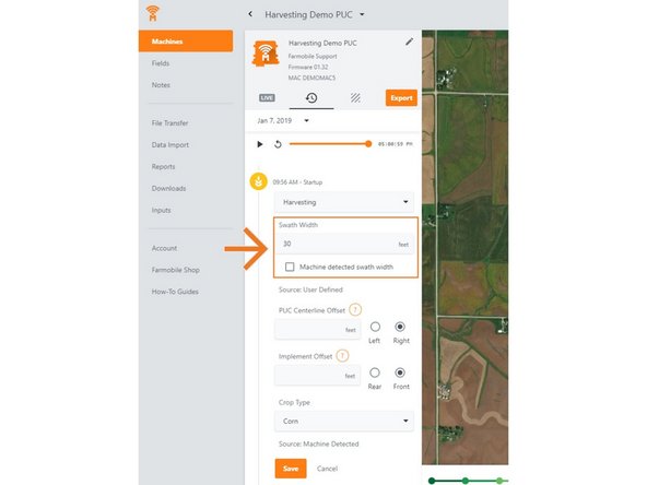 'Machine Detected': While harvesting the Farmobile PUC device captured the swath width from the machine. To override these values, un-check the 'Machine detected swath width' checkbox and type in the required swath width value.