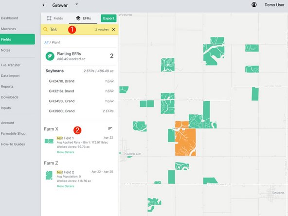Begin typing the farm or field name within the search text box to quickly locate EFRs.