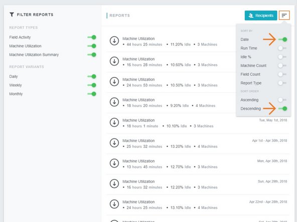 Select the sort menu button located top right of the report list.