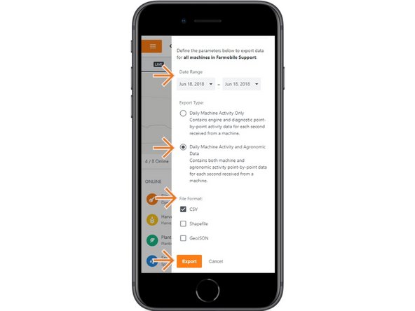 Select Daily Machine Activity and Agronomic Data from the export type section.