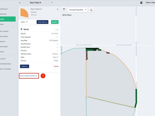 At the bottom of the selected fields EFR list, select the 'Show Deleted EFRs' link to view the deleted EFRs.