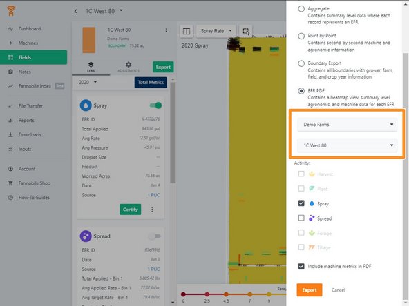The export function gives you the ability to choose a single Farm, Field, or and entire operation.