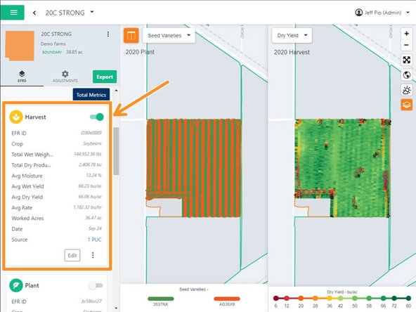 Navigate to your Harvest EFR from that same field &amp; toggle it ON to display the harvest heat map in the split view with the Planted Seed Varieties.