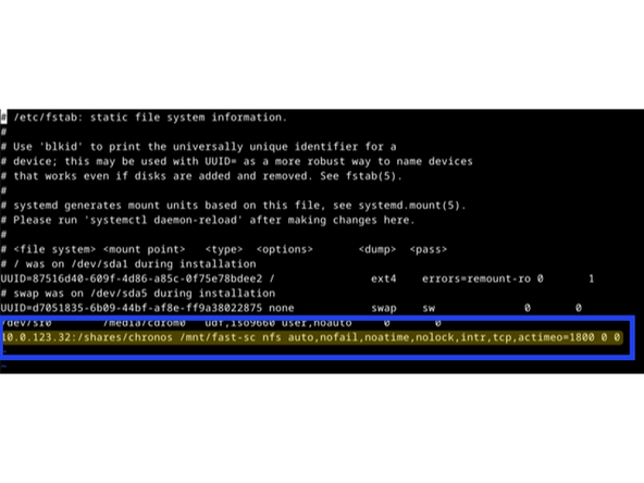 
Chronos basiert auf Linux und erfordert das manuelle Einbinden der Freigabe. Eine M&ouml;glichkeit ist die Verwendung der fstab-Datei wie folgt:
