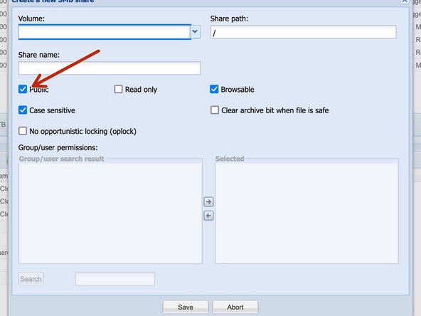 
Das SMB-Fenster wird angezeigt. Deaktivieren Sie das Kontrollk&auml;stchen &Ouml;ffentlich
