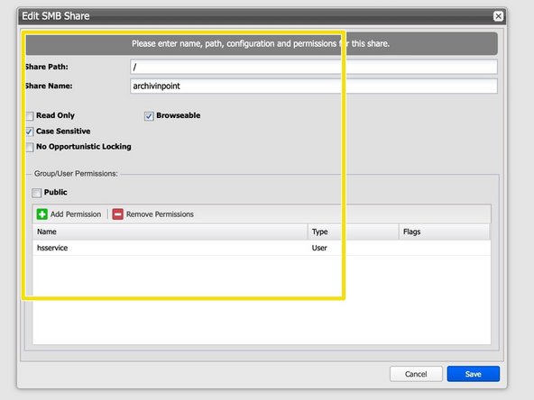
F&uuml;gen Sie eine SMB-Freigabe zum Erstellen Volume mit Zugriffsrechten f&uuml;r beide Benutzer hinzu
