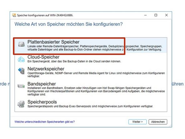
W&auml;hlen Sie die Erstellung eines neuen datentr&auml;gerbasierten Speicherziels
