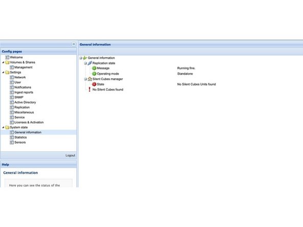 
Sie sollten nun die &Uuml;bersichtsseite des Systems sehen. Dort sehen Sie eine Fehlermeldung, dass kein Cube angeschlossen ist &ndash; diese kann derzeit ignoriert werden.
