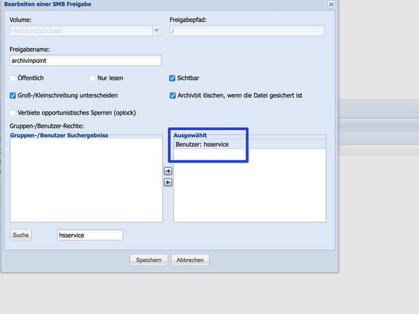 
F&uuml;gen Sie eine SMB-Freigabe zum Erstellen Volume mit Zugriffsrechten f&uuml;r diesen Benutzer hinzu
