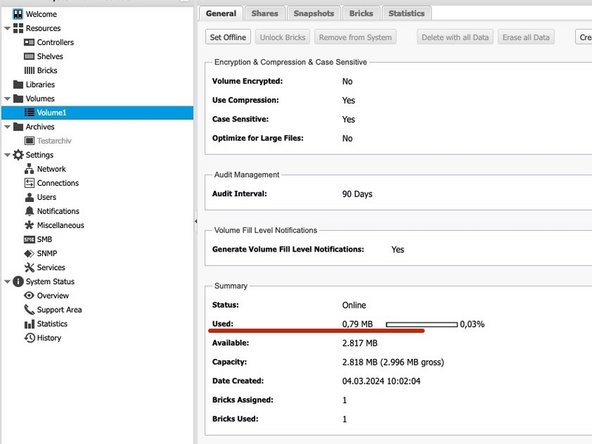 
&Uuml;berpr&uuml;fen Sie nun den verf&uuml;gbaren Speicherplatz auf der Volume
