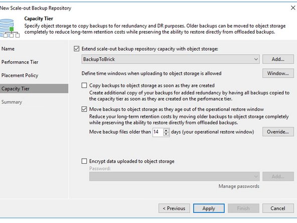 
Bearbeiten Sie Ihre existing Scale-Out Backup repository und f&uuml;gen Sie den neuen Objektspeicher als Kapazit&auml;tsebene hinzu.
