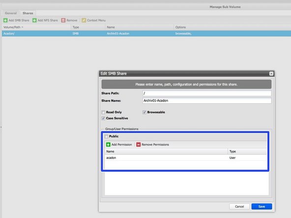 Add an SMB share to the create volume with access rights for the acadon service user