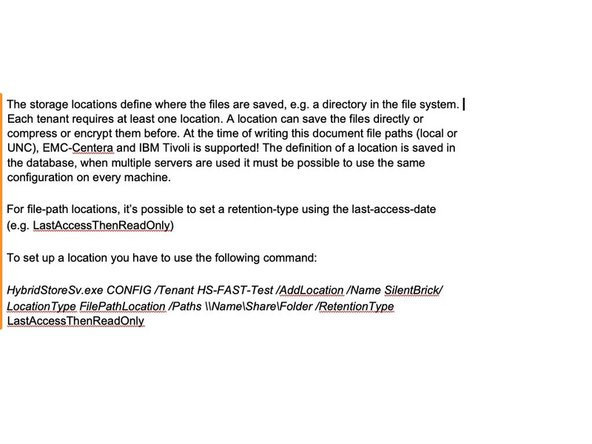 
HybridStoreSv.exe CONFIG /CreateTenant /Name HS-FAST-Test /DbType SQLSERVER /DbScheme hsUser /DbConnectionString &bdquo;Benutzer-ID=hsUser;Passwort=hsPass;Initial Catalog=HybridStore;Datenquelle=DBServer\Datenbank&ldquo;
