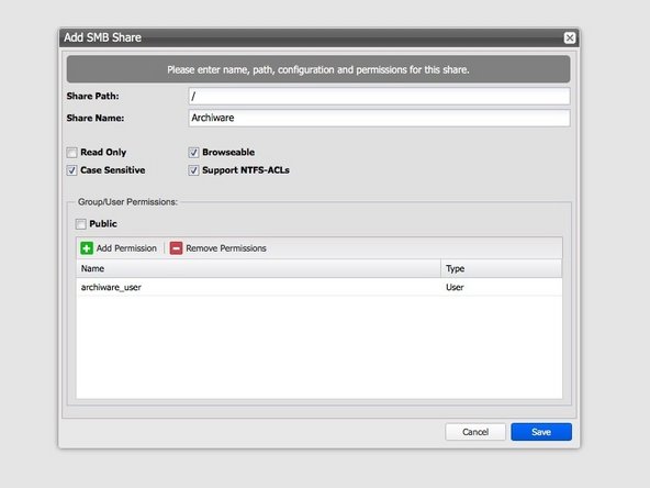 
Erstellen Sie eine neue Freigabe mit Standardeinstellungen und w&auml;hlen Sie den zuvor eingerichteten Benutzer &bdquo;archiware_user&ldquo; aus
