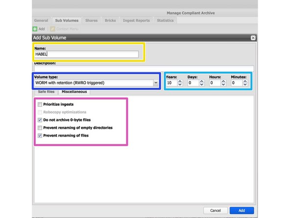 
W&auml;hlen Sie &bdquo;Hinzuf&uuml;gen&ldquo; unter der Registerkarte &bdquo;Sub Volumes&ldquo; Ihres Archivs.
