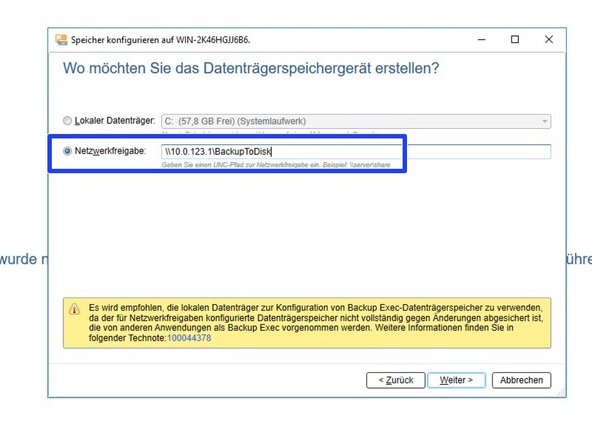 
Geben Sie den UNC-Pfad der zuvor erstellten Freigabe in das Feld Silent Brick SNAS Volume ein.
