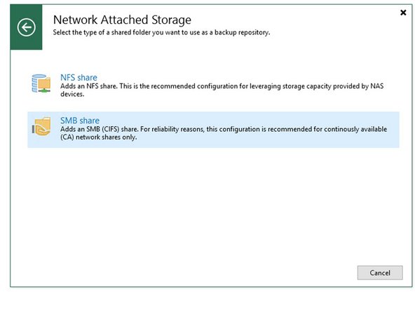 
F&uuml;gen Sie ein neues Repository vom Typ 'Netzwerkordner' - 'SMB-Freigabe' hinzu
