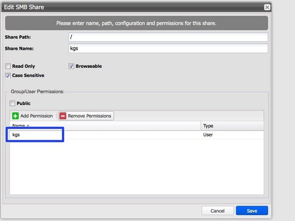 
F&uuml;gen Sie der erstellten Volume eine SMB-Freigabe mit Zugriffsrechten f&uuml;r den KGS-Dienstbenutzer hinzu
