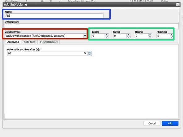
W&auml;hlen Sie &bdquo;Hinzuf&uuml;gen&ldquo; unter der Registerkarte &bdquo;Sub Volumes&ldquo; Ihres Archivs.
