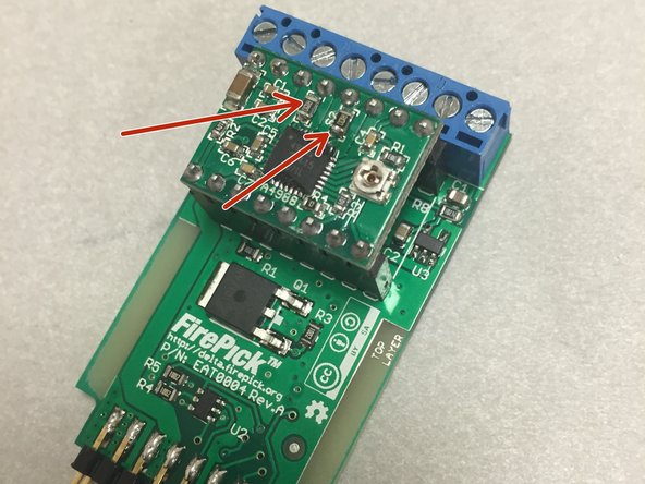 Plug in the StepStick module.  Ensure that you are placing the module on with the correct orientation.  The two big resistors (S1 and S2) should face the blue terminal block.  These are the sense resistors and are located near the stepper motor pins.