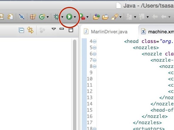 Look for the green ‘Run’ button on the toolbar. Click it once to start running OpenPnP.