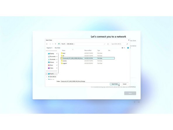 On the &quot;Let's connect you to a network&quot; screen, click the Blue &quot;Install Driver&quot; button in the middle of the page. This will open a File Explorer window.