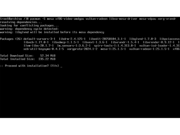 To install the AMD graphical drivers run the command: pacman -S mesa xf86-video-amdgpu vulkan-radeon libva-mesa-driver mesa-vdpau xorg-xrandr