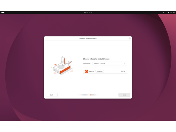 Choose the installation drive:  Select the target drive from the "Select drive" dropdown, for example nvme0n1. Confirm the Ubuntu entry below shows the correct drive name and size. Click Next.