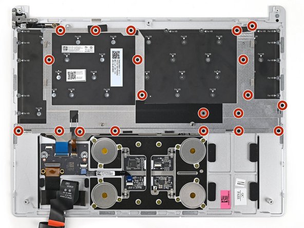Use your Framework Screwdriver to install the twenty 1.3 mm‑long silver PH0 screws securing the Keyboard Bracket.