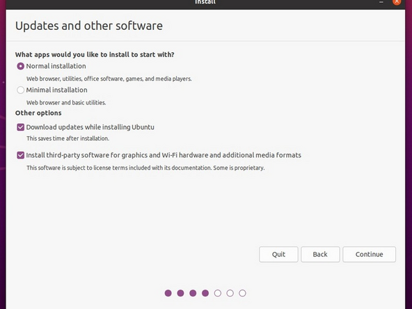 While connected to your network, select Normal installation, Download updates while installing Ubuntu and Install third party software, then press continue. This process may take a few minutes and appear to idle a bit, then the next screen appears - installation type.