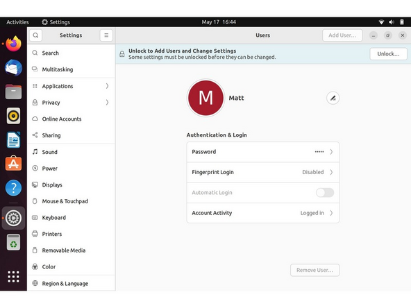 Let's setup fingerprint login. Click on Activities, search for user.
