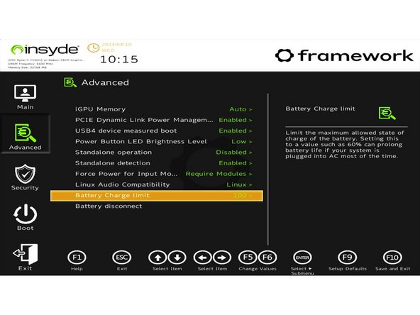 Navigate to the &quot;Advanced&quot; tab on the left and go down to the option that says &quot;Battery Charge Limit&quot;.