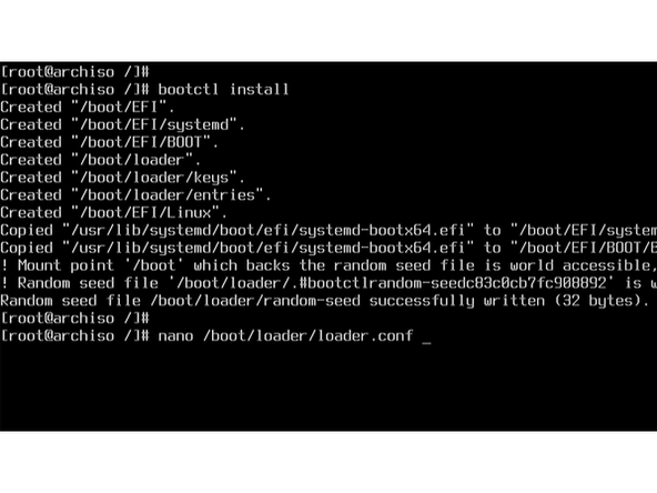 There are many options for a bootloader in Linux. This guide will focus on bootctl which is included with a base install of Arch Linux. Install the bootloader to the boot partition by running the command: bootctl install