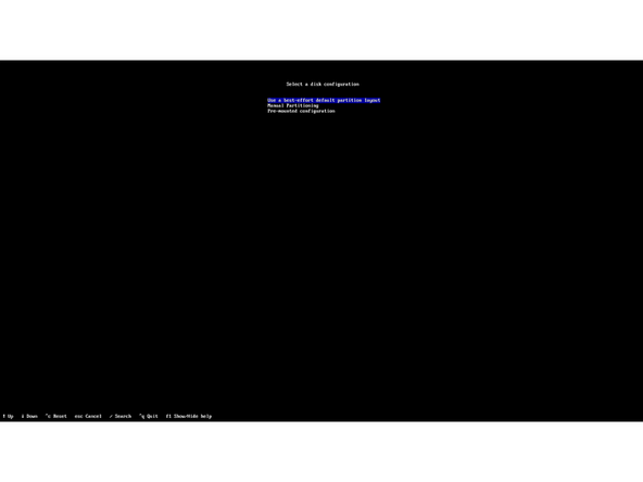 Select "Disk configuration" to bring up a screen showing just options for "Partitioning" and "Back". Choose "Partitioning".