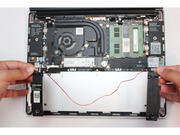 The speakers are now disconnected.  You can lift both the left and right speaker out of the Bottom Cover.