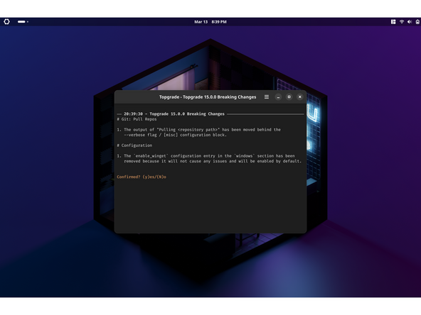 You will be asked to press Y for update. Press Y - no other keys are needed, it's updating. The update process checks for updates for your core system, Distrobox, Flatpacks and firmware.